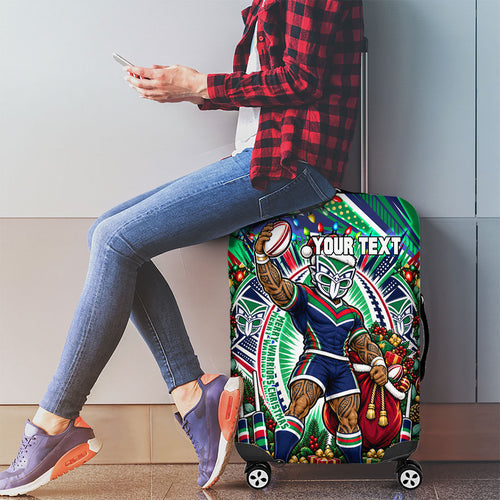 Personalized New Zealand Warriors Rugby Christmas Luggage Cover Holiday Mascot Graphic Art Festive Lights Bow