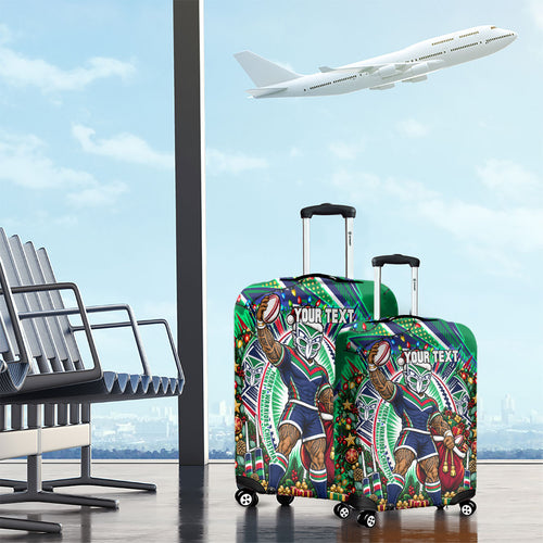 Personalized New Zealand Warriors Rugby Christmas Luggage Cover Holiday Mascot Graphic Art Festive Lights Bow