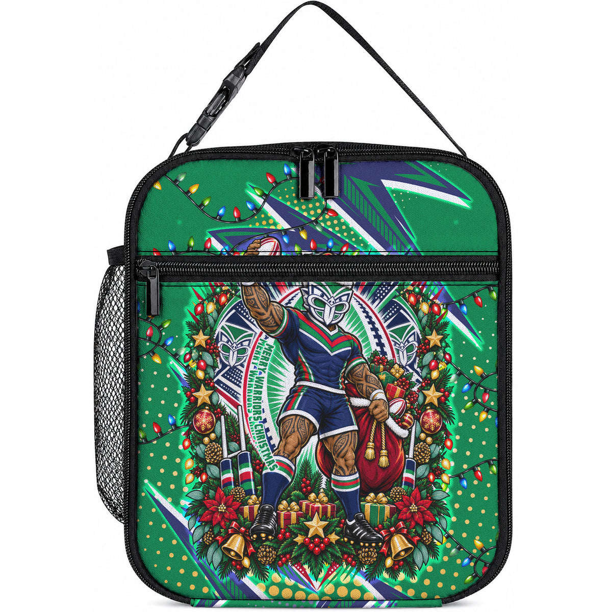 Personalized New Zealand Warriors Rugby Christmas Lunch Bag Holiday Mascot Graphic Art Festive Lights Bow