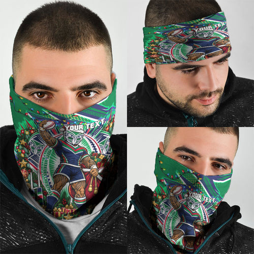 Personalized New Zealand Warriors Rugby Christmas Neck Gaiter Holiday Mascot Graphic Art Festive Lights Bow