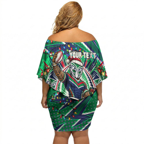 Personalized New Zealand Warriors Rugby Christmas Off Shoulder Short Dress Holiday Mascot Graphic Art Festive Lights Bow