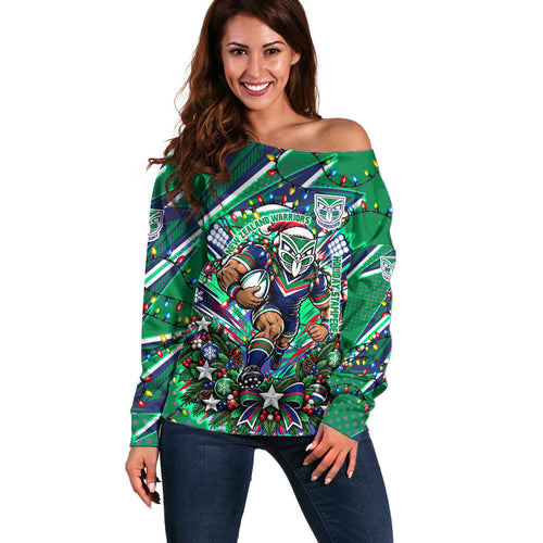 Personalized New Zealand Warriors Rugby Christmas Off Shoulder Sweater Holiday Mascot Graphic Art Festive Lights Bow