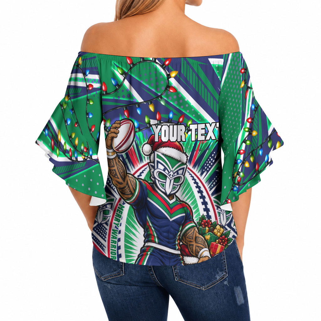 Personalized New Zealand Warriors Rugby Christmas Off Shoulder Wrap Waist Top Holiday Mascot Graphic Art Festive Lights Bow