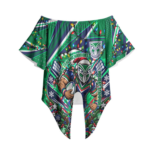 Personalized New Zealand Warriors Rugby Christmas Off Shoulder Wrap Waist Top Holiday Mascot Graphic Art Festive Lights Bow