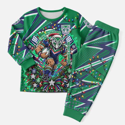 Personalized New Zealand Warriors Rugby Christmas Pajama Set Holiday Mascot Graphic Art Festive Lights Bow