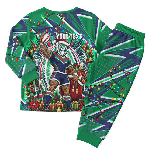 Personalized New Zealand Warriors Rugby Christmas Pajama Set Holiday Mascot Graphic Art Festive Lights Bow