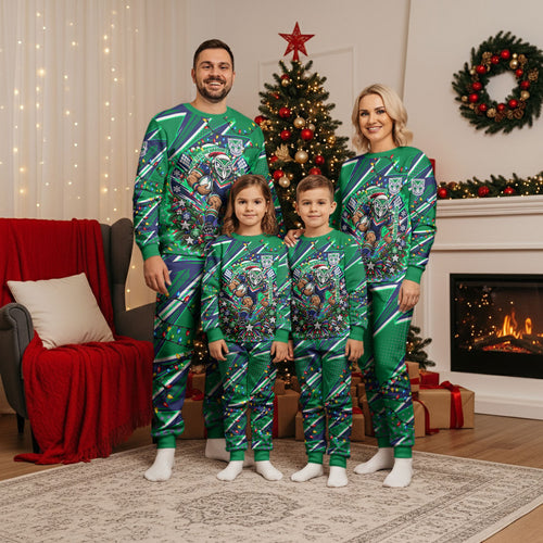 Personalized New Zealand Warriors Rugby Christmas Pajama Set Holiday Mascot Graphic Art Festive Lights Bow