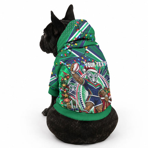 Personalized New Zealand Warriors Rugby Christmas Pet Hoodie Holiday Mascot Graphic Art Festive Lights Bow