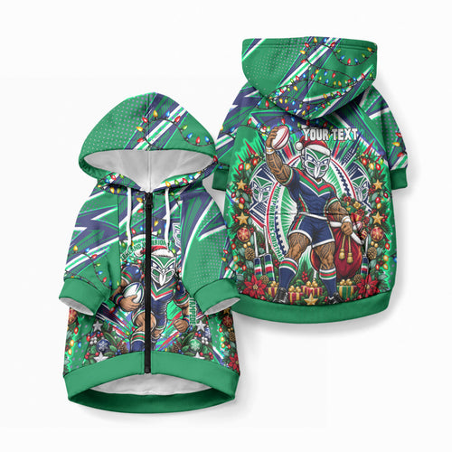 Personalized New Zealand Warriors Rugby Christmas Pet Hoodie Holiday Mascot Graphic Art Festive Lights Bow