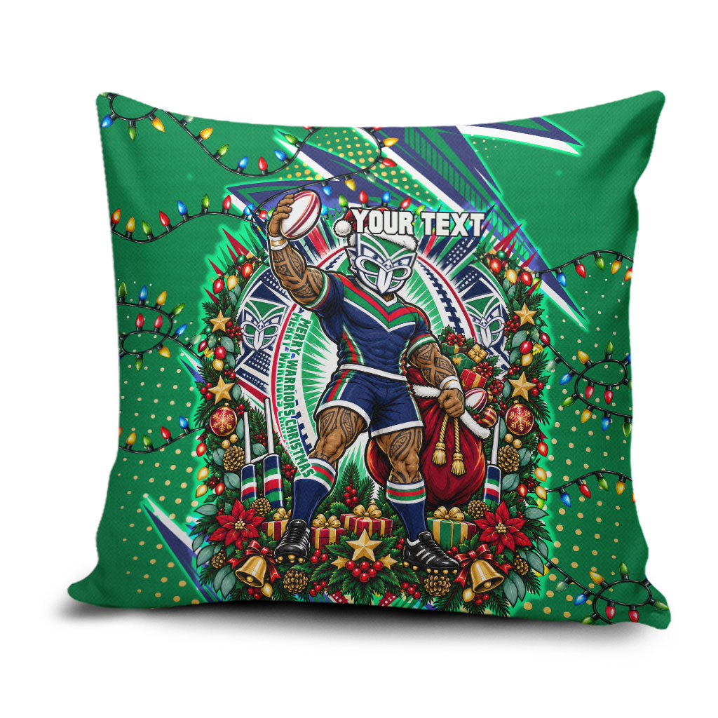 Personalized New Zealand Warriors Rugby Christmas Pillow Cover Holiday Mascot Graphic Art Festive Lights Bow