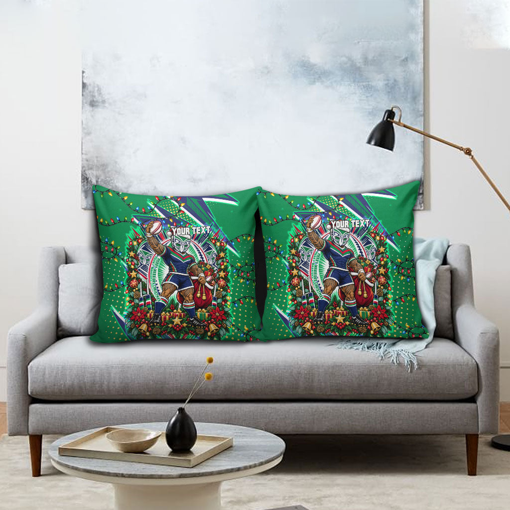 Personalized New Zealand Warriors Rugby Christmas Pillow Cover Holiday Mascot Graphic Art Festive Lights Bow