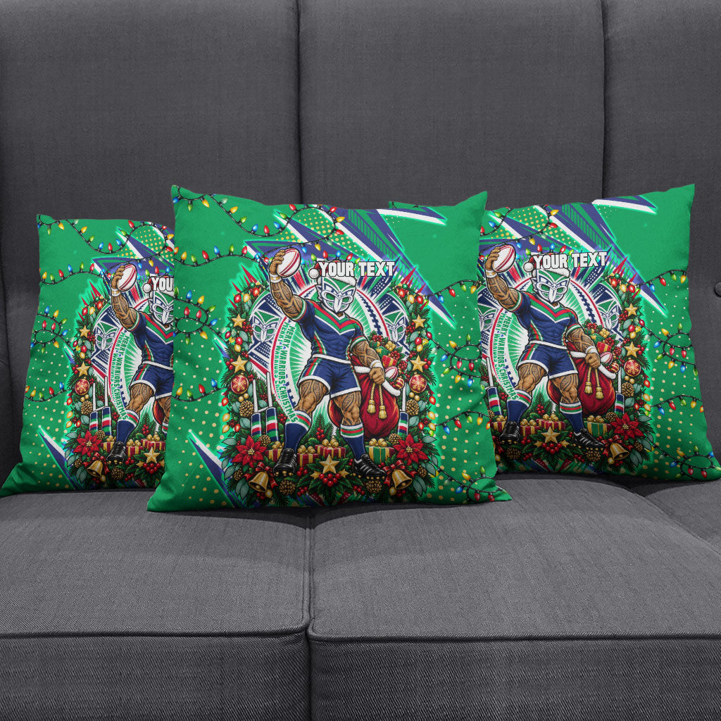 Personalized New Zealand Warriors Rugby Christmas Pillow Cover Holiday Mascot Graphic Art Festive Lights Bow