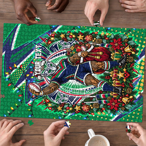 Personalized New Zealand Warriors Rugby Christmas Puzzle Holiday Mascot Graphic Art Festive Lights Bow
