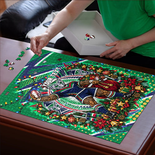 Personalized New Zealand Warriors Rugby Christmas Puzzle Holiday Mascot Graphic Art Festive Lights Bow