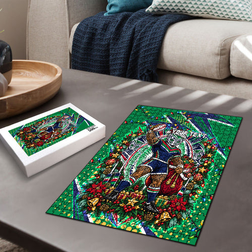Personalized New Zealand Warriors Rugby Christmas Puzzle Holiday Mascot Graphic Art Festive Lights Bow