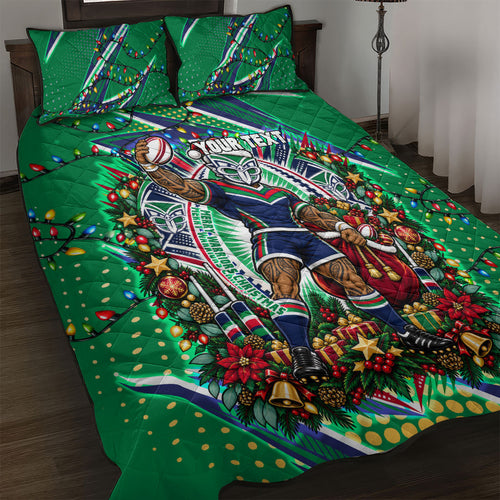 Personalized New Zealand Warriors Rugby Christmas Quilt Bed Set Holiday Mascot Graphic Art Festive Lights Bow
