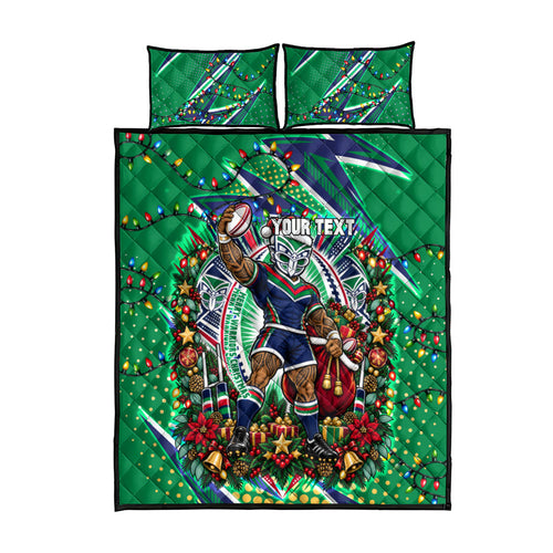 Personalized New Zealand Warriors Rugby Christmas Quilt Bed Set Holiday Mascot Graphic Art Festive Lights Bow