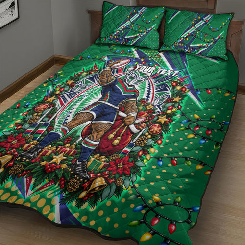Personalized New Zealand Warriors Rugby Christmas Quilt Bed Set Holiday Mascot Graphic Art Festive Lights Bow