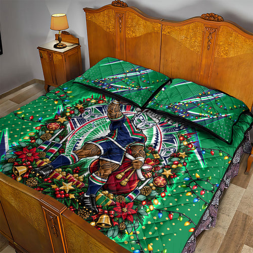 Personalized New Zealand Warriors Rugby Christmas Quilt Bed Set Holiday Mascot Graphic Art Festive Lights Bow