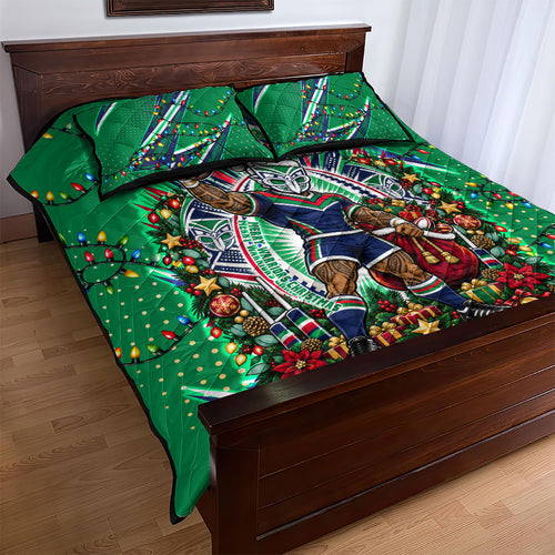Personalized New Zealand Warriors Rugby Christmas Quilt Bed Set Holiday Mascot Graphic Art Festive Lights Bow