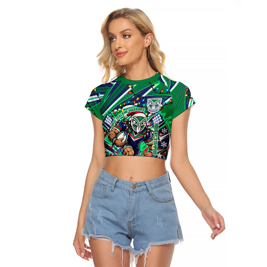 Personalized New Zealand Warriors Rugby Christmas Raglan Cropped T Shirt Holiday Mascot Graphic Art Festive Lights Bow