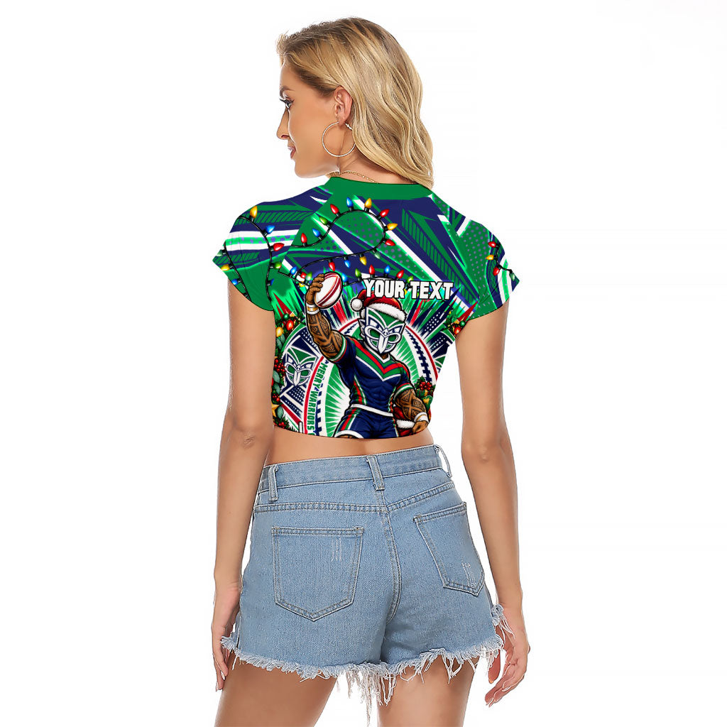 Personalized New Zealand Warriors Rugby Christmas Raglan Cropped T Shirt Holiday Mascot Graphic Art Festive Lights Bow