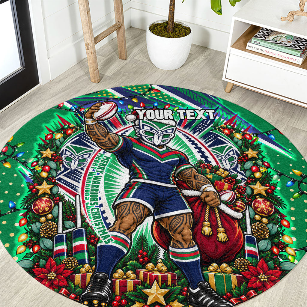 Personalized New Zealand Warriors Rugby Christmas Round Carpet Holiday Mascot Graphic Art Festive Lights Bow