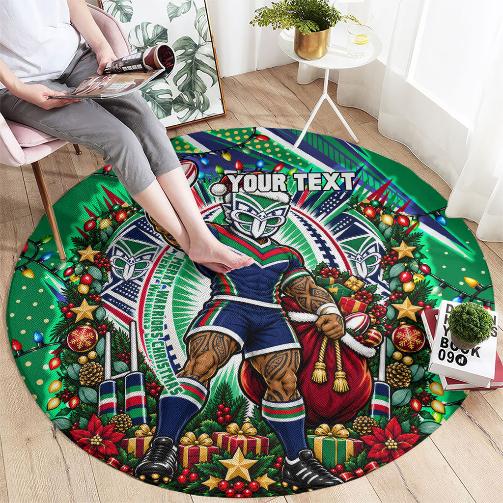 Personalized New Zealand Warriors Rugby Christmas Round Carpet Holiday Mascot Graphic Art Festive Lights Bow