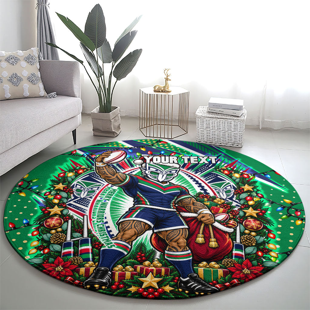 Personalized New Zealand Warriors Rugby Christmas Round Carpet Holiday Mascot Graphic Art Festive Lights Bow