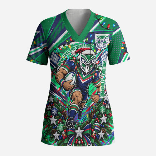 Personalized New Zealand Warriors Rugby Christmas Scrub Top Holiday Mascot Graphic Art Festive Lights Bow
