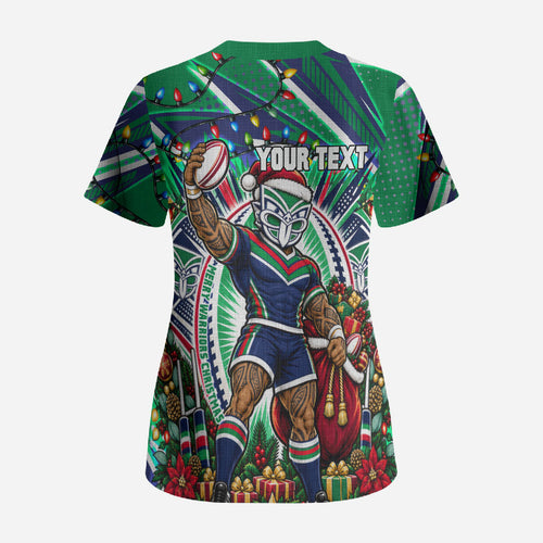 Personalized New Zealand Warriors Rugby Christmas Scrub Top Holiday Mascot Graphic Art Festive Lights Bow