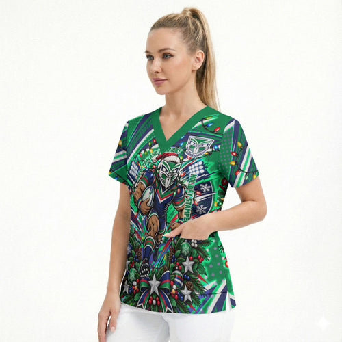 Personalized New Zealand Warriors Rugby Christmas Scrub Top Holiday Mascot Graphic Art Festive Lights Bow