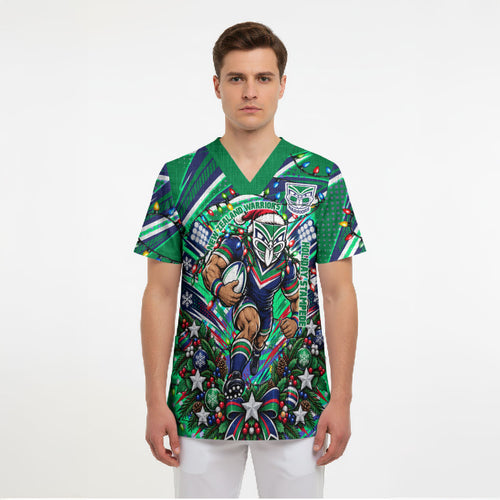Personalized New Zealand Warriors Rugby Christmas Scrub Top Holiday Mascot Graphic Art Festive Lights Bow