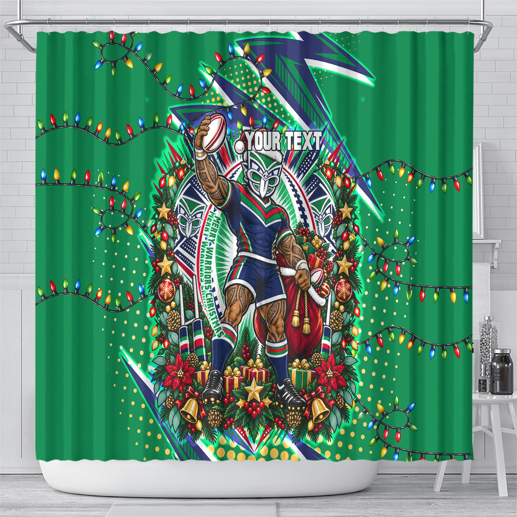 Personalized New Zealand Warriors Rugby Christmas Shower Curtain Holiday Mascot Graphic Art Festive Lights Bow