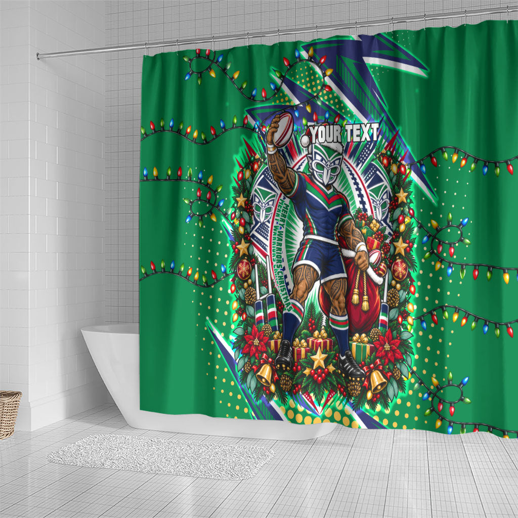Personalized New Zealand Warriors Rugby Christmas Shower Curtain Holiday Mascot Graphic Art Festive Lights Bow