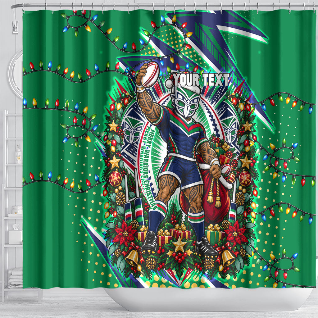 Personalized New Zealand Warriors Rugby Christmas Shower Curtain Holiday Mascot Graphic Art Festive Lights Bow