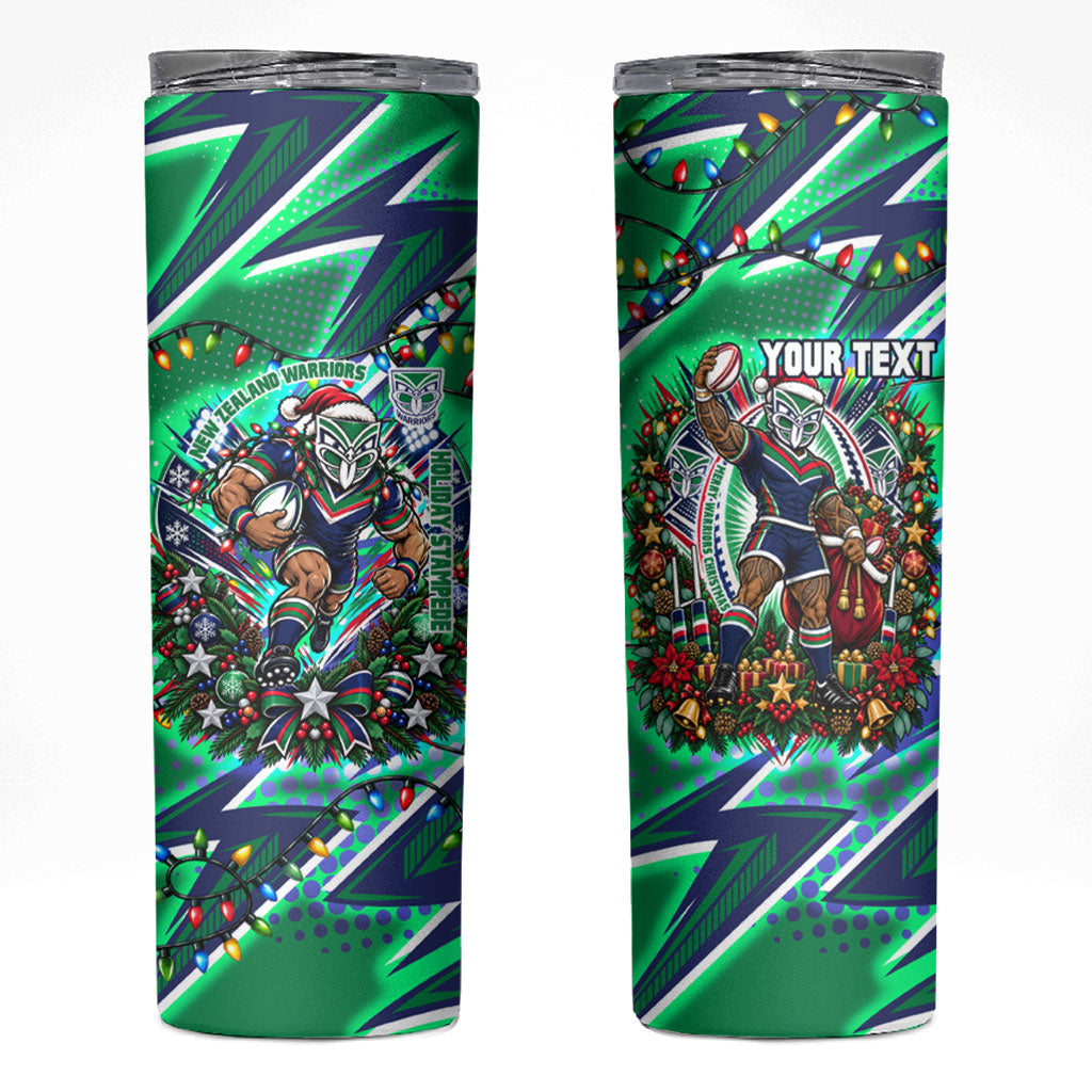 Personalized New Zealand Warriors Rugby Christmas Skinny Tumbler Holiday Mascot Graphic Art Festive Lights Bow