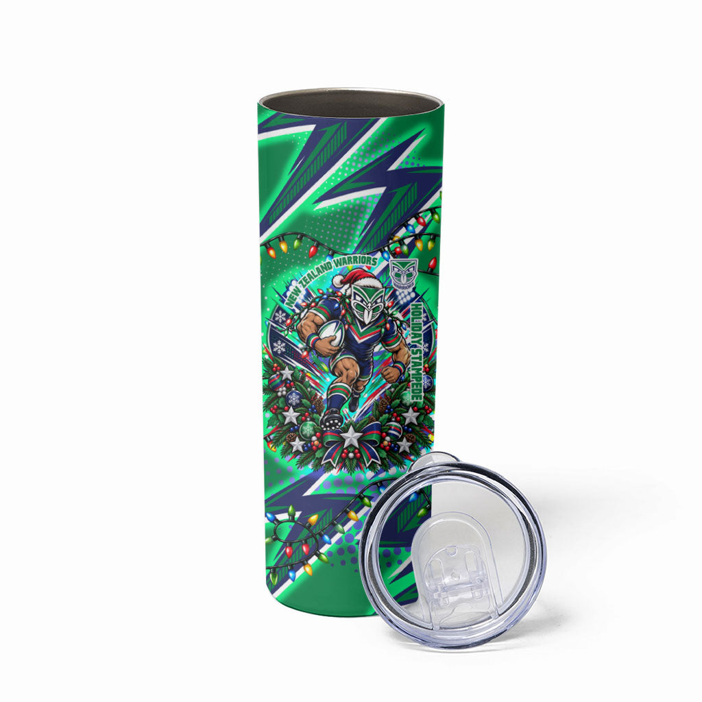 Personalized New Zealand Warriors Rugby Christmas Skinny Tumbler Holiday Mascot Graphic Art Festive Lights Bow