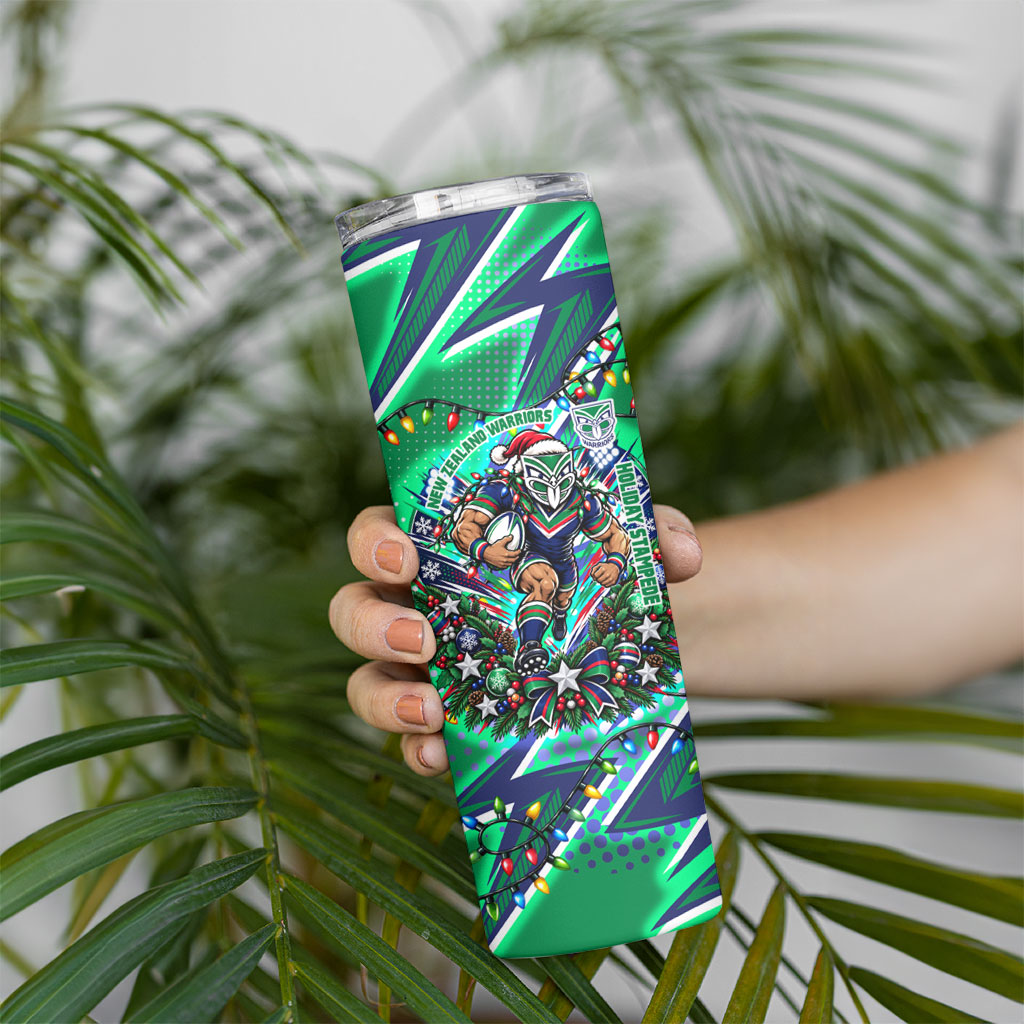 Personalized New Zealand Warriors Rugby Christmas Skinny Tumbler Holiday Mascot Graphic Art Festive Lights Bow