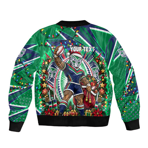 Personalized New Zealand Warriors Rugby Christmas Sleeve Zip Bomber Jacket Holiday Mascot Graphic Art Festive Lights Bow