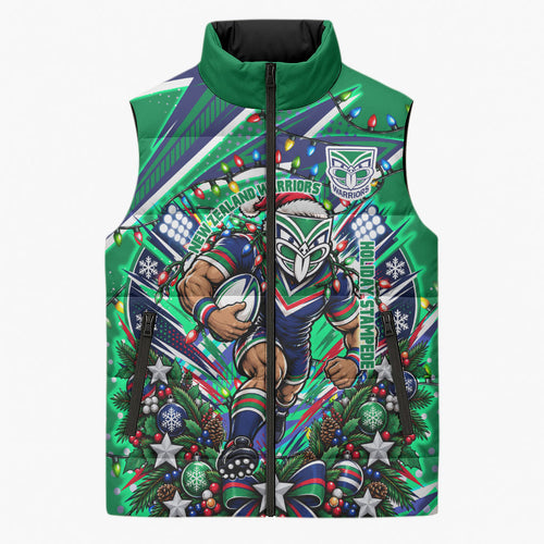 Personalized New Zealand Warriors Rugby Christmas Sleeveless Puffer Jacket Holiday Mascot Graphic Art Festive Lights Bow