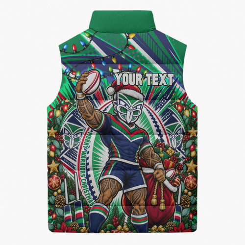 Personalized New Zealand Warriors Rugby Christmas Sleeveless Puffer Jacket Holiday Mascot Graphic Art Festive Lights Bow