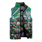 Personalized New Zealand Warriors Rugby Christmas Sleeveless Puffer Jacket Holiday Mascot Graphic Art Festive Lights Bow