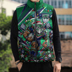 Personalized New Zealand Warriors Rugby Christmas Sleeveless Puffer Jacket Holiday Mascot Graphic Art Festive Lights Bow
