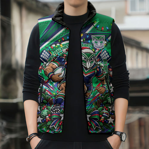 Personalized New Zealand Warriors Rugby Christmas Sleeveless Puffer Jacket Holiday Mascot Graphic Art Festive Lights Bow