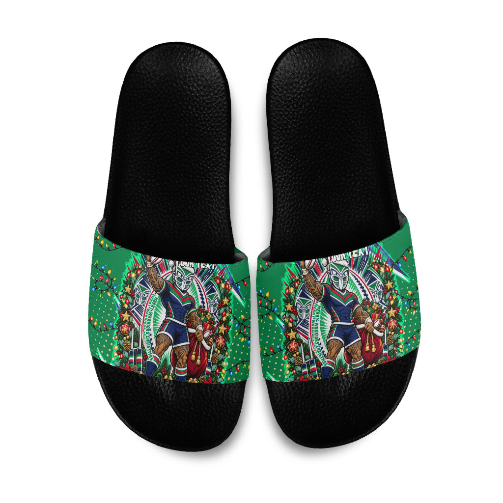 Personalized New Zealand Warriors Rugby Christmas Slide Sandals Holiday Mascot Graphic Art Festive Lights Bow
