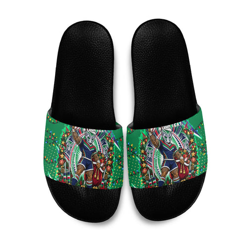Personalized New Zealand Warriors Rugby Christmas Slide Sandals Holiday Mascot Graphic Art Festive Lights Bow