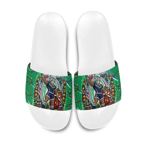 Personalized New Zealand Warriors Rugby Christmas Slide Sandals Holiday Mascot Graphic Art Festive Lights Bow