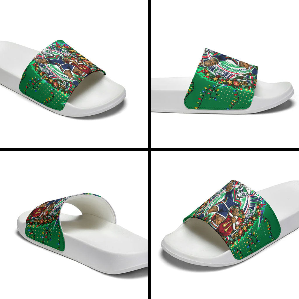 Personalized New Zealand Warriors Rugby Christmas Slide Sandals Holiday Mascot Graphic Art Festive Lights Bow