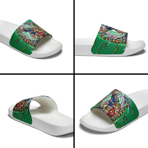 Personalized New Zealand Warriors Rugby Christmas Slide Sandals Holiday Mascot Graphic Art Festive Lights Bow